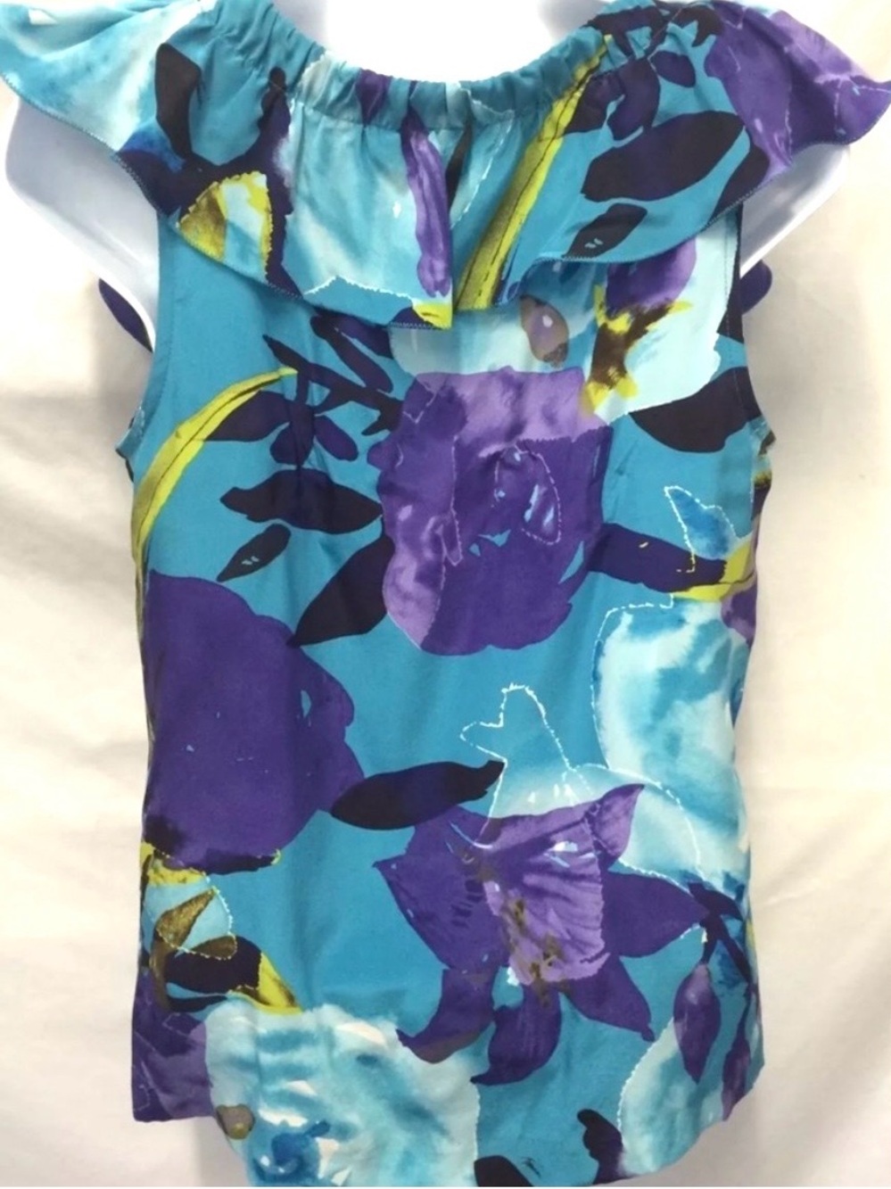 TRINA TURK Blouse Top Silk Ruffle V Neck Blue Sleeveless - Picture 5 of 7